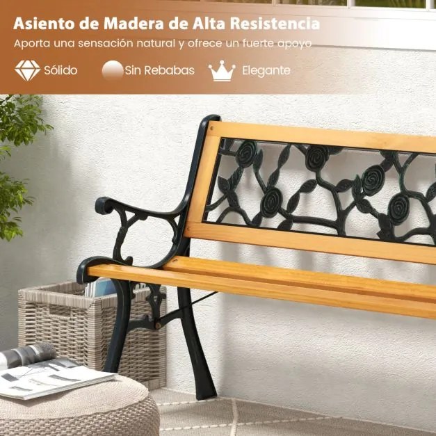 Banco de Jardim com 127,5 cm e Estrutura Metálica Fundida e Assento de Madeira Banco Ergonómico para 3 Pessoas para Jardim, Alpendre, Pátio