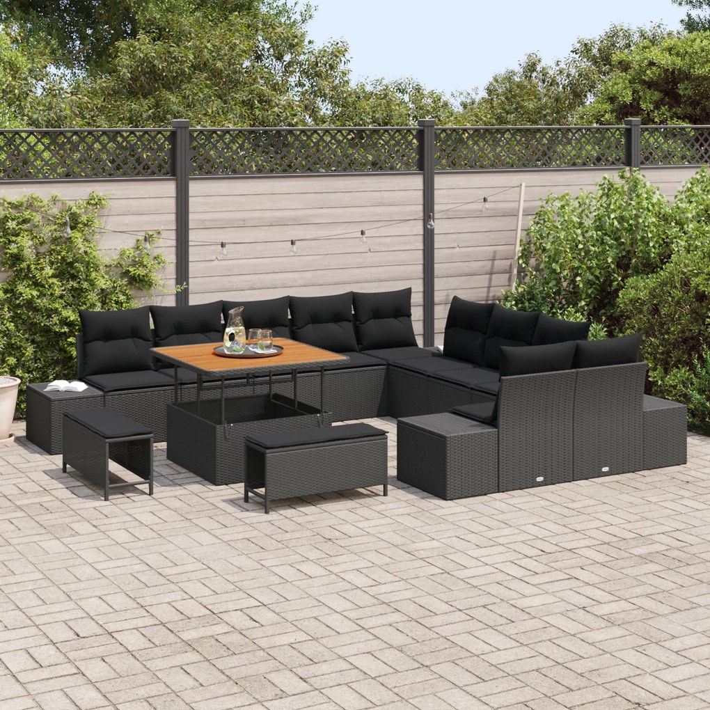 Conjunto de Sofá de Jardim vidaXL com Almofadas Preto Vime Acácia