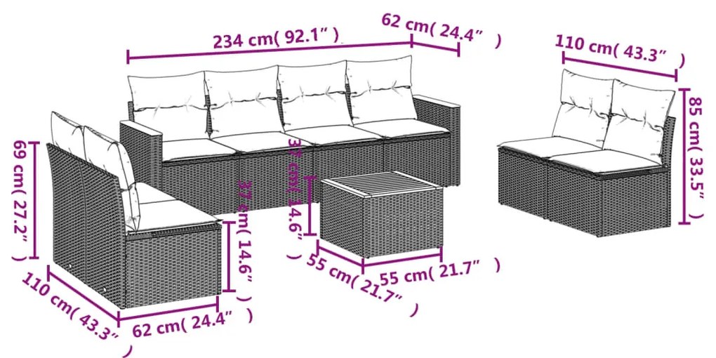 9 pcs conjunto sofás p/ jardim com almofadões vime PE cinzento
