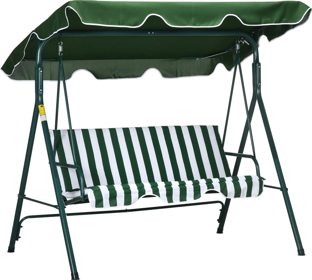 Outsunny Baloiço de Jardim de 3 Lugares com Almofada Toldo Ajustável e Estrutura de Metal 172x110x153cm Verde e Branco | Aosom Portugal