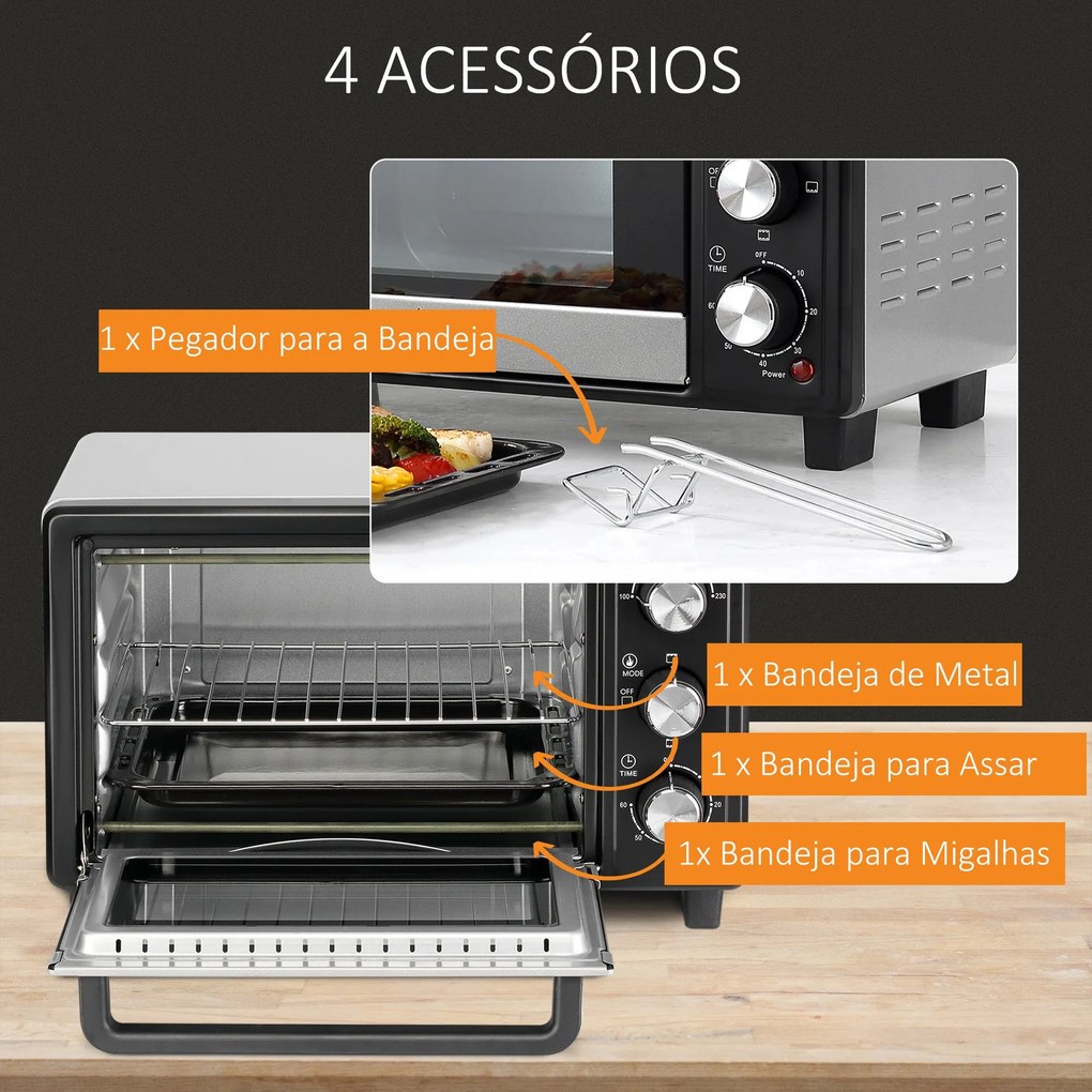 HOMCOM Mini Forno 16L com 3 Modos de Aquecimento Temperatura até 230°C