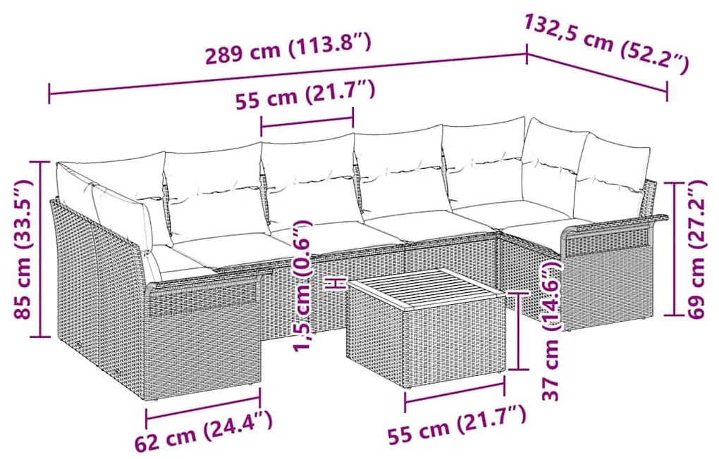 Conjunto de Sofás de Jardim 8 Peças com Almofadas Bege em Rattan Sinté