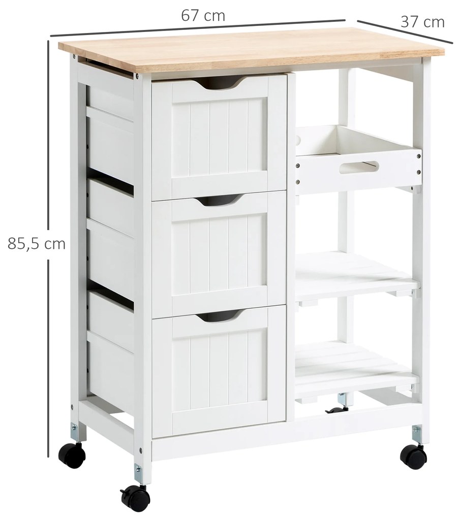HOMCOM Carrinho de Cozinha com Rodas Carrinho de Serviço Multiuso com 3 Gavetas 2 Prateleiras Abertas e Bandeja para Sala de Jantar Sala de Estar 67x37x85,5cm Branco