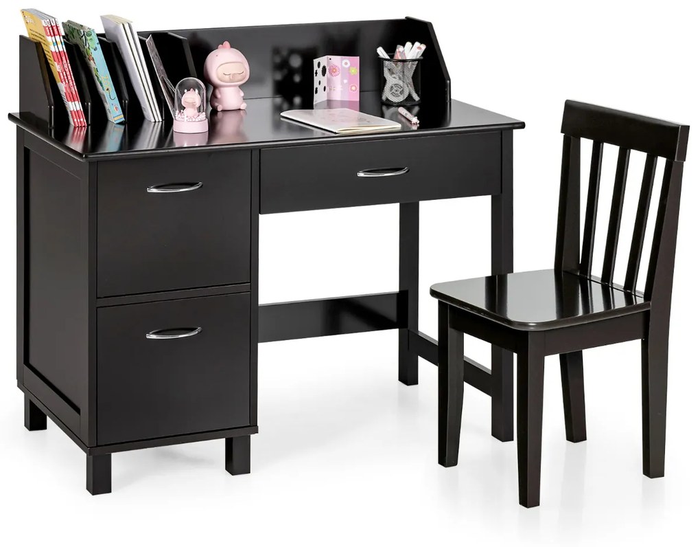 Conjunto de Mesa e Cadeira para Crianças com Armário de Gavetas de Grande Superfície para Crianças de Mesa de Estudo Castanha