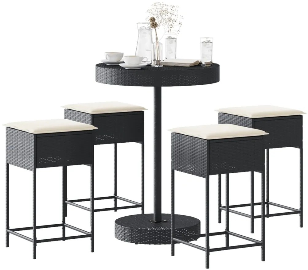 5 pcs conjunto de bar p/ jardim c/ almofadões vime PE preto