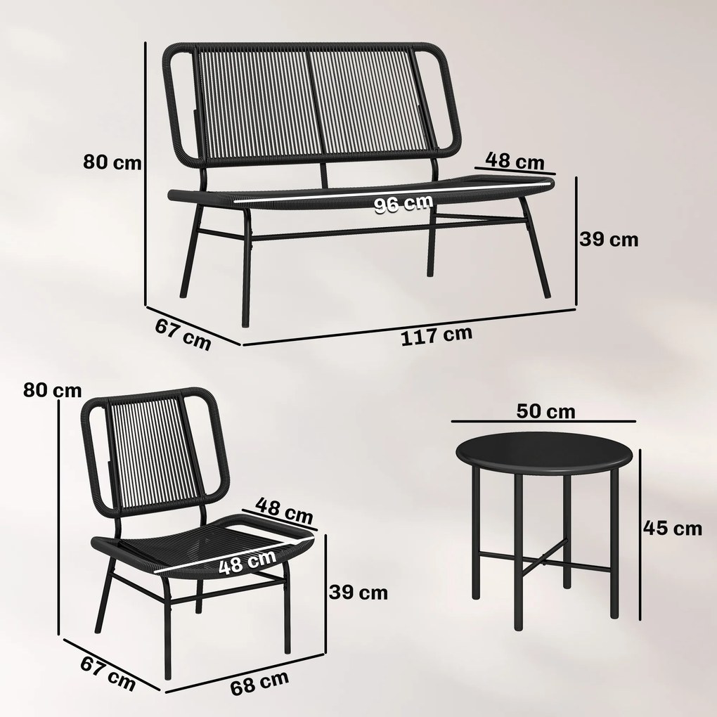 Conjunto Jardim de Vime com 4 peças Inclui Sofá de 2 Lugares 2 Poltronas e Mesa de Centro com Tampo Metálico Preto