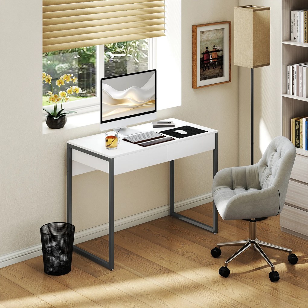 Secretária com 2 Gavetas 100x50 cm Mesa de Computador Pernas de Aço para Casa Escritório Espaços Pequenos Branco Brilhante