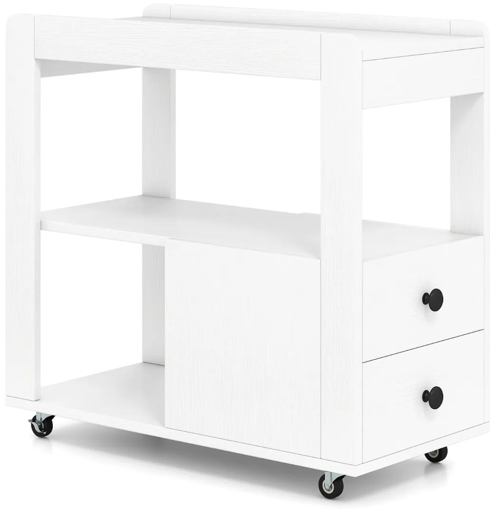 Mesa Lateral para Sofá ou Mesa de Cabeceira 65 x 30 x 62 cm com 2 Gavetas e Prateleiras Abertas com Rodas para Sala Branco
