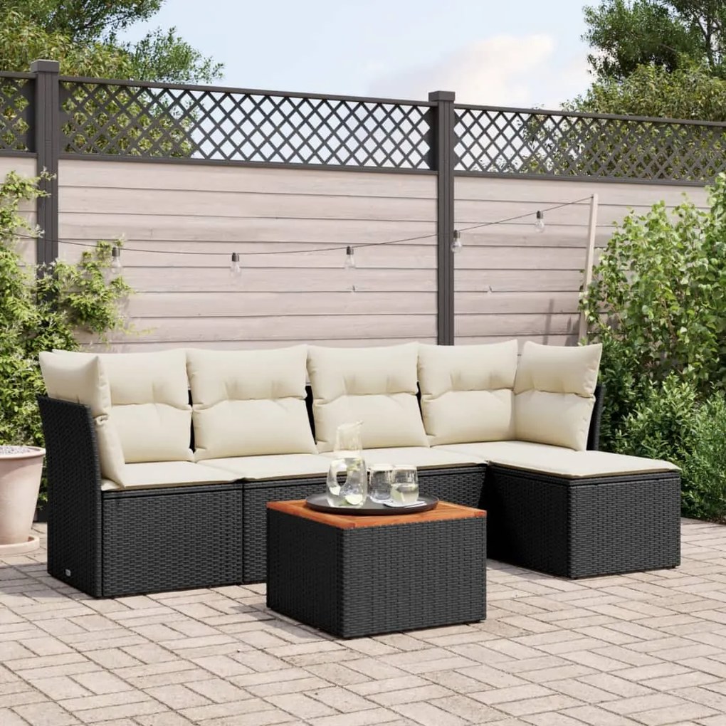 6 pcs conjunto sofás de jardim c/ almofadões vime PE preto