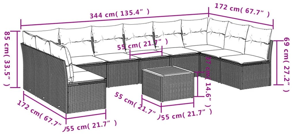 11 pcs conjunto sofás de jardim c/ almofadões vime PE bege