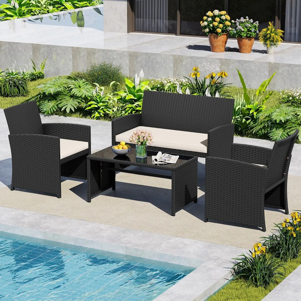 Conjunto de jardim em rattan com 4 peças: sofás de 2 lugares, mesa de vidro temperado e almofadas para exterior, varanda ou piscina, Preto+creme