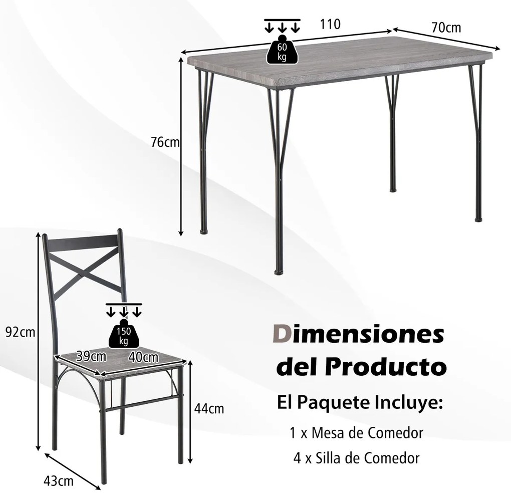 Conjunto de mesa de jantar de 5 peças com mesa retangular moderna e 4 cadeiras com estrutura metálica para cozinha, escritório e restaurante Cinzento