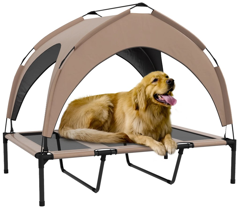 Cama para Cães Elevada com Toldo para Cães Médios com Estrutura de Aço e Bolsa de Transporte 76x61x69,5 cm Castanho claro