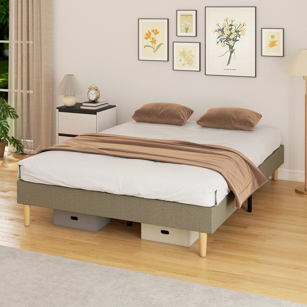 Estrutura de cama de 140 x 190 cm com base de ripas de madeira (COLCHÃO NÃO INCLUIDO), cama de casal estofada em veludo canelado, cinzenta