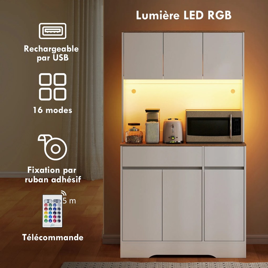 Armário de Cozinha Alto, 100 x 38 x 180 cm, Iluminação LED RGB, Branco