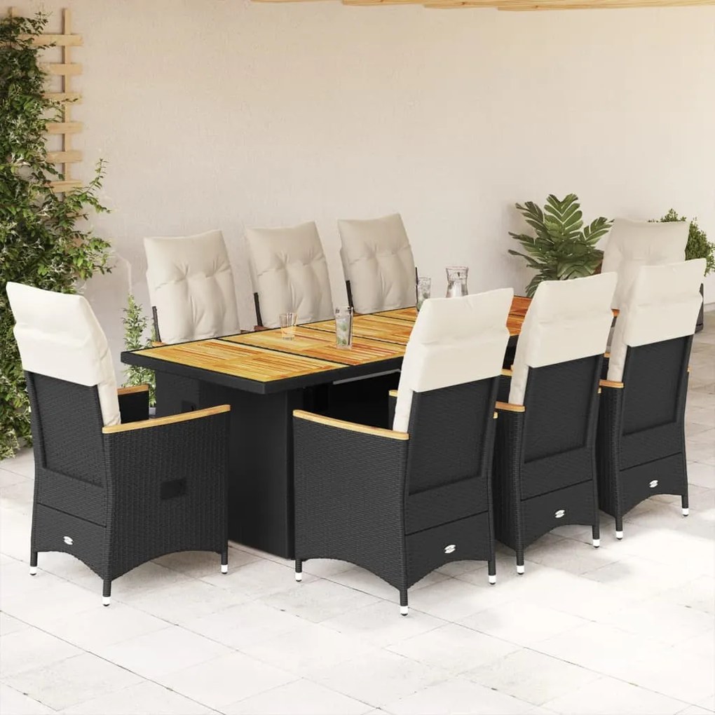 vidaXL 9 pcs conjunto de bistrô p/ jardim c/ almofadões vime PE preto