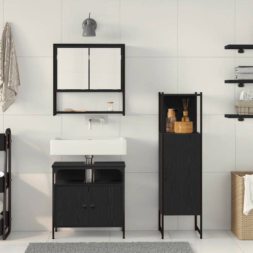 Conjunto de Móveis de Casa de Banho 3 Peças Carvalho Preto Madeira Eng