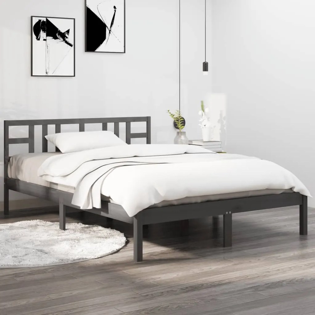 Estrutura de cama casal 135x190 cm madeira maciça cinzento