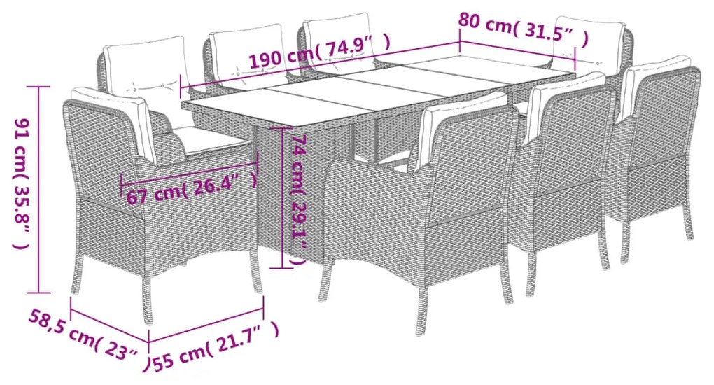 9 pcs conjunto de jantar p/ jardim c/ almofadões vime PE cinza