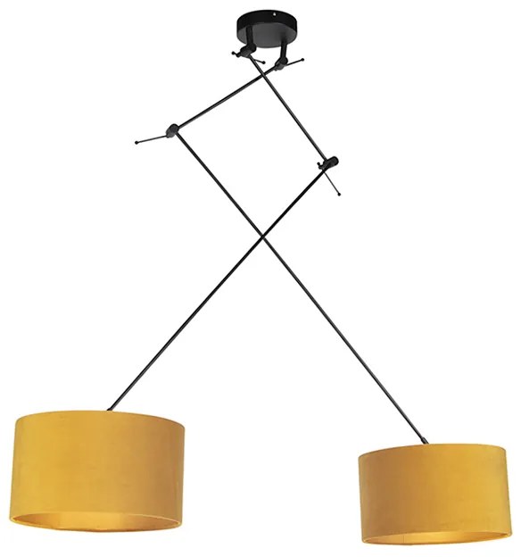 Candeeiro de suspensão preto com cúpulas de veludo ocre com dourado 35 cm - Blitz Country / Rústico