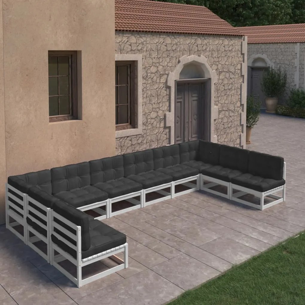 vidaXL 10 pcs conj. lounge de jardim c/ almofadões pinho maciço branco