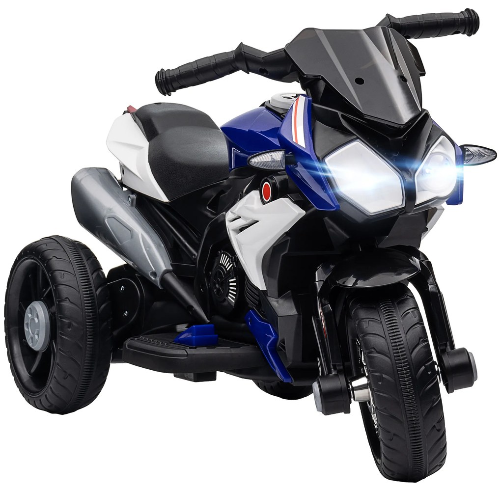 HOMCOM Motocicleta Elétrica Infantil com 3 Rodas com Bateria 6V Recarregável Funções de Música Buzina Faróis 86x42x52 cm Azul