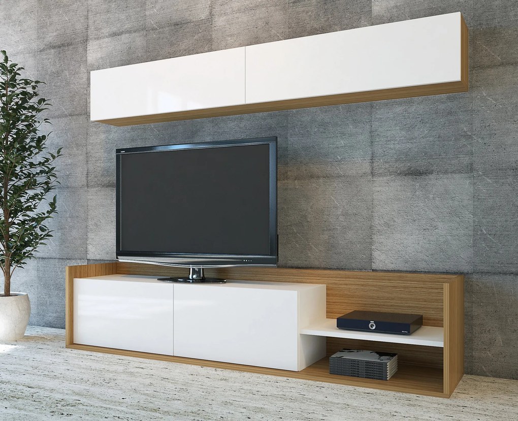 Móvel de TV Lugo – Branco e Teca – 180x37,3x40 cm + Prateleira de Pare