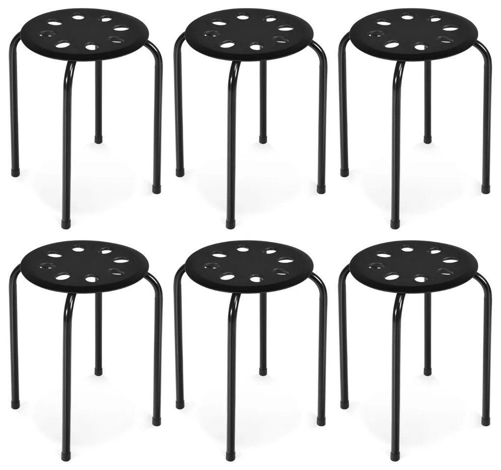 Conjunto de 6 bancos empilháveis de meta com assento perfurado redondo e estrutura metálica para cozinha, sala Pretos