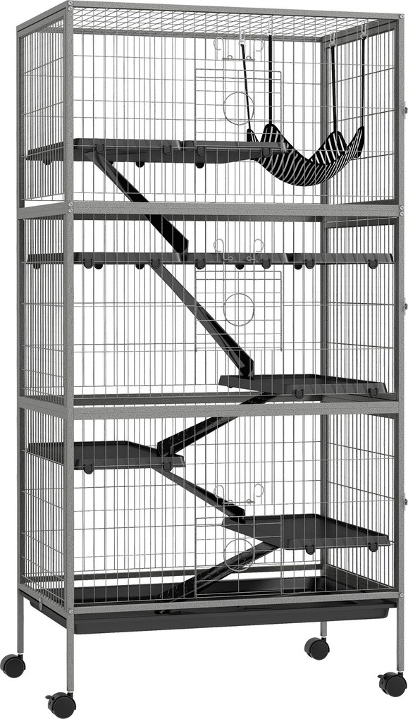 Pawhut Gaiola para Roedores Multifuncional 4 Plataformas 3 Rampas 4 Portas 80x52x159 cm Aço Cinza Prateado Preto | Aosom Portugal