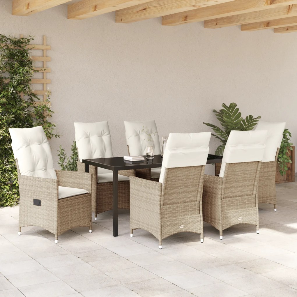 Conjunto de Jantar de Jardim de 7 Peças com Almofadas, Poliratan Bege