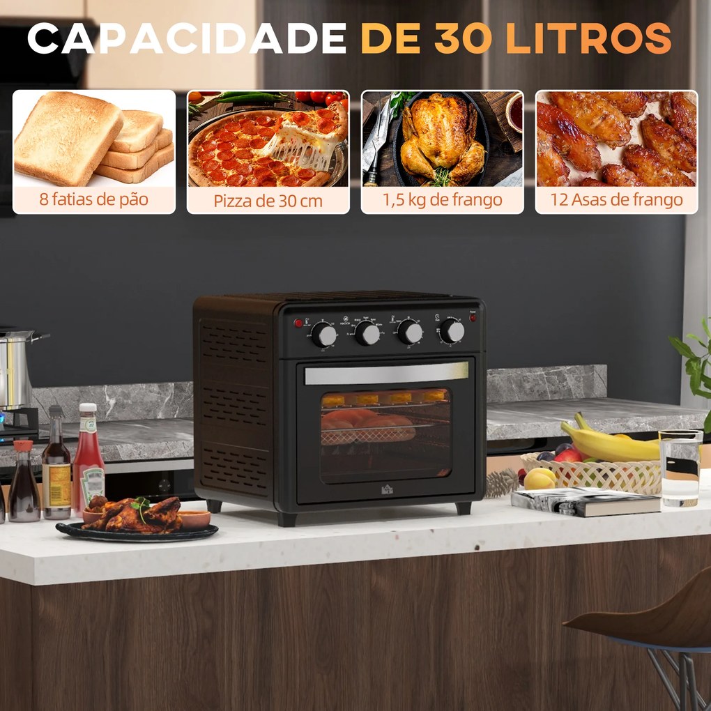 Mini Forno Elétrico 30L 1600W Mini Forno de Convecção com 7 Modos Temporizador e Temperatura Ajustável 43x39x39 cm Preto