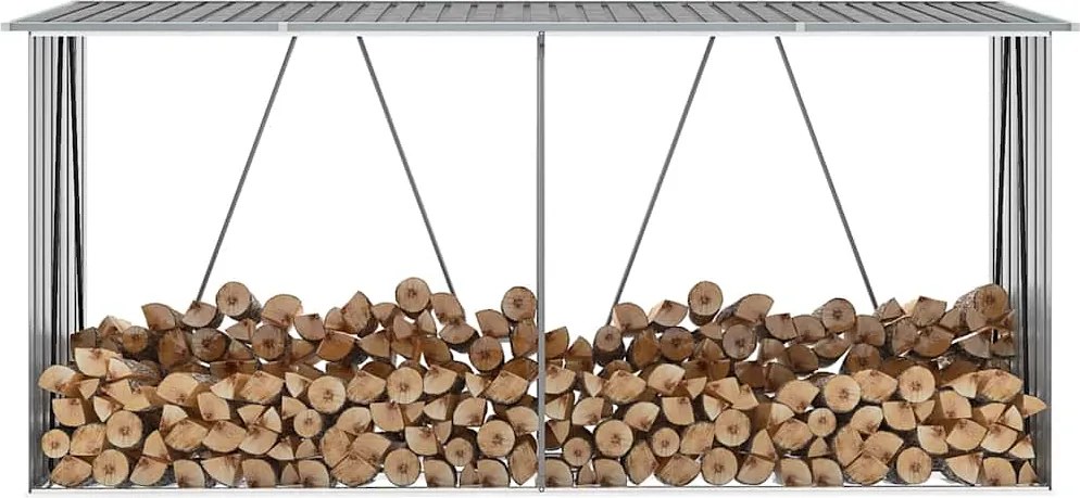 vidaXL Abrigo jardim p/ arrumação de troncos aço 330x84x152cm cinzento