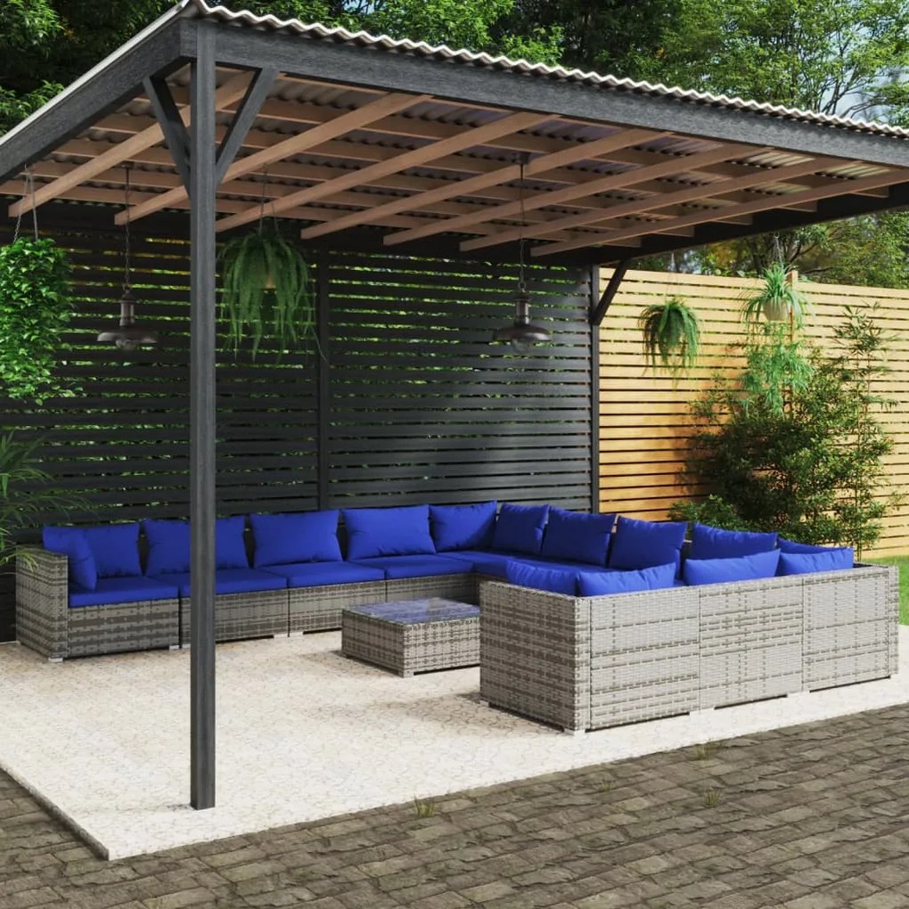 vidaXL 12 pcs conjunto lounge de jardim c/ almofadões vime PE cinzento