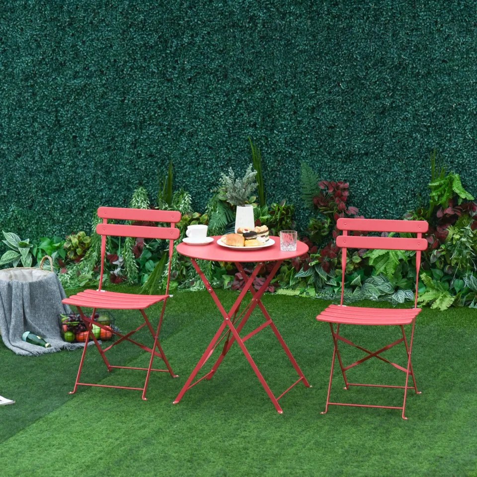 Outsunny Conjunto de móveis de jardim dobrável de 3 peças Mesa de metal e 2 cadeiras Ø60x71 cm vermelho