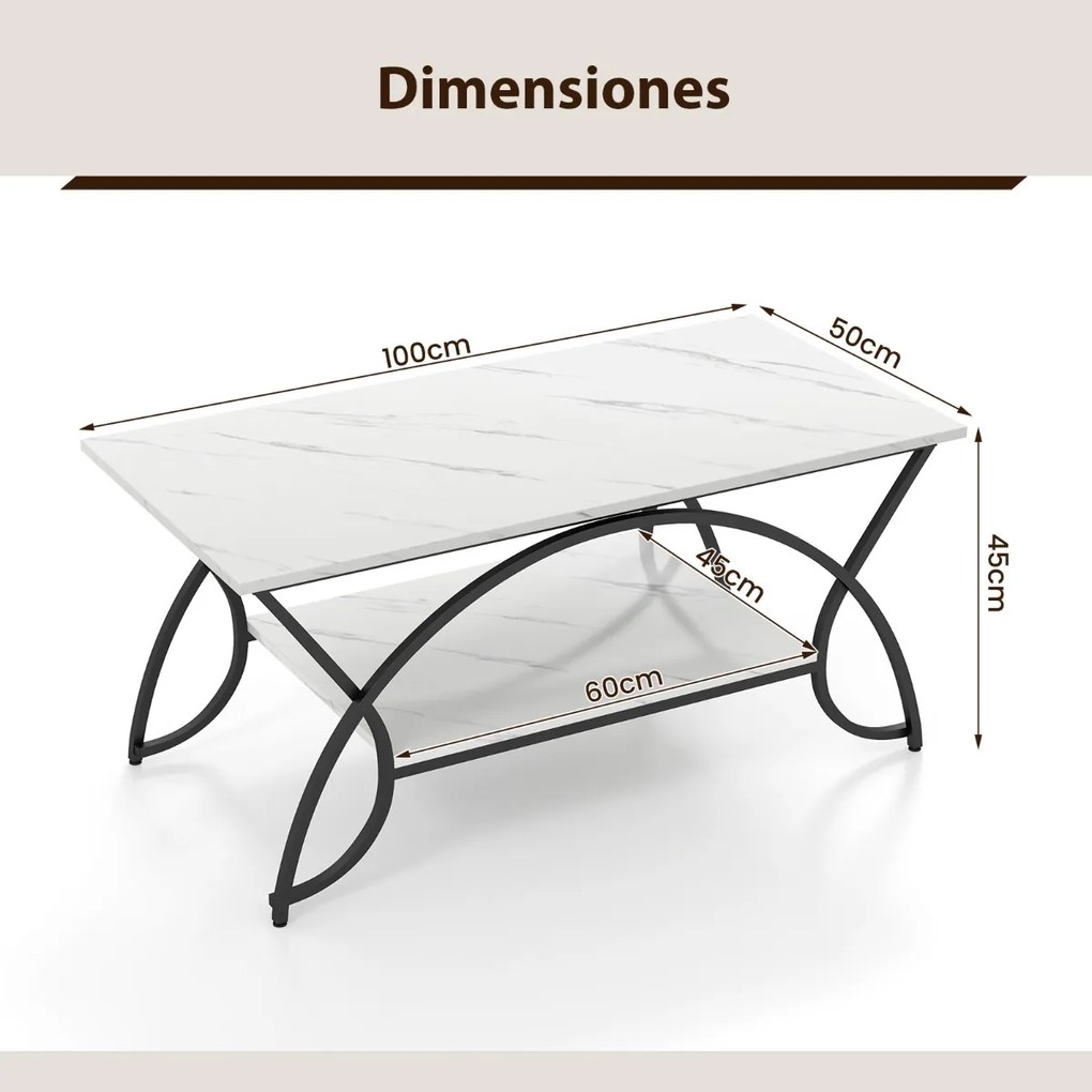 Mesa de centro moderna em imitação de mármore  2 níveis Estrutura metálica para sala de estar 100 x 50 x 45 cm Preto Branco