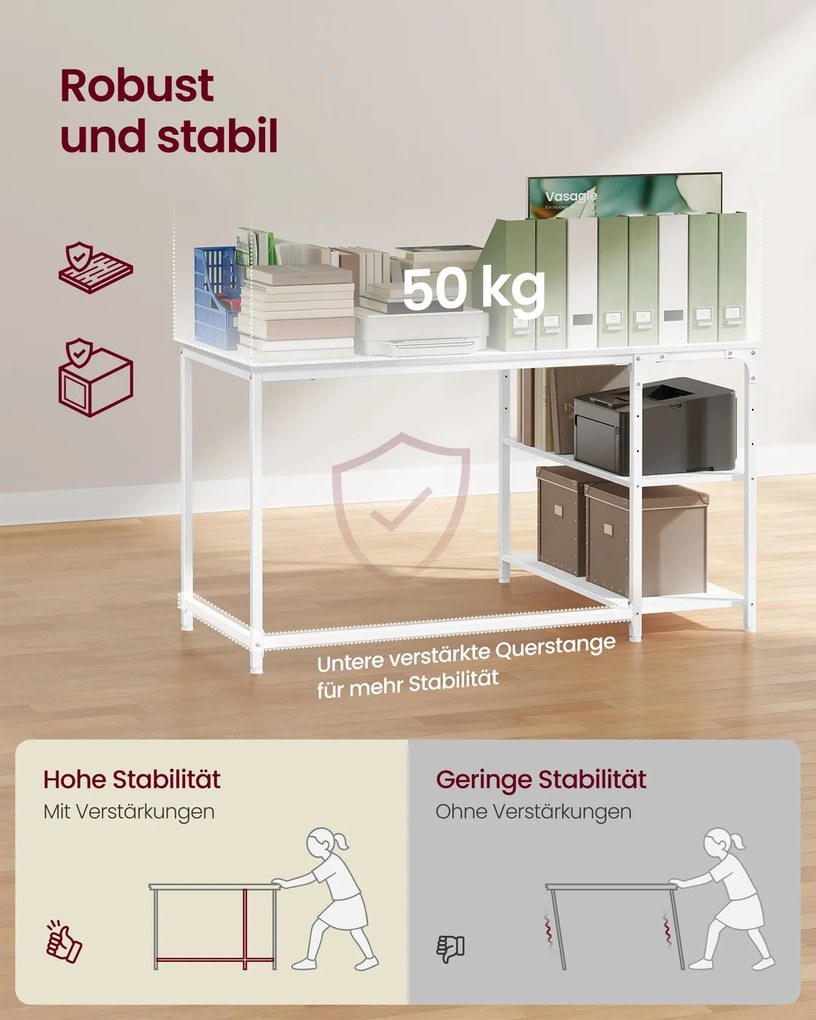 Secretária de canto 120 x 80 cm, em forma de L com prateleira regulável em altura, branco