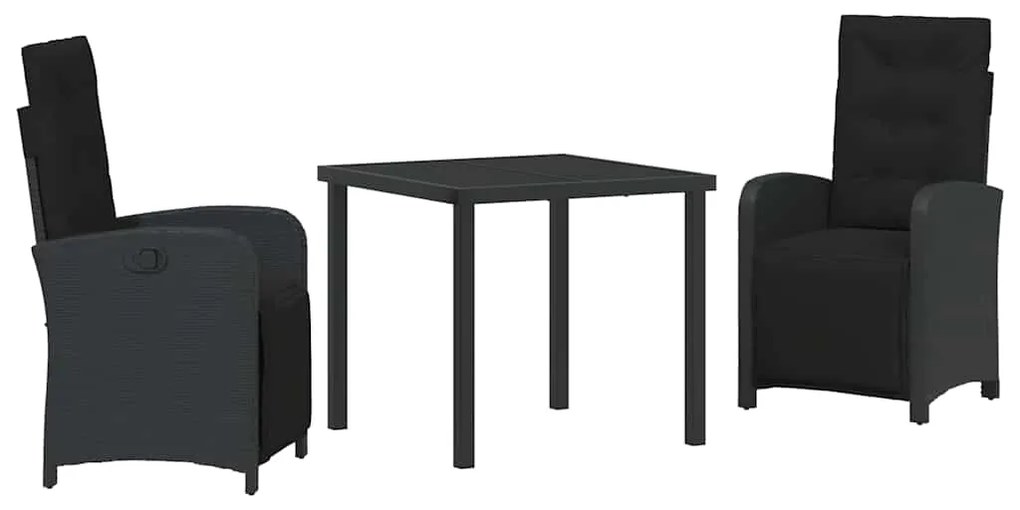 Conjunto de Jantar de Jardim em 3 Peças com Almofadas Preto de Rattan