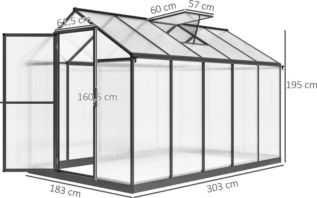 Estufa de jardim em alumínio e policarbonato, com janelas superiores ajustáveis, 303 x 183 x 195 cm, transparente