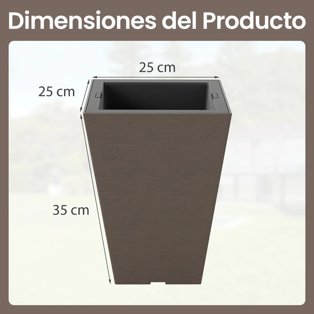 Conjunto de 2 vasos quadrados 25 x 25 x 35 cm cónicos com rega automática, cubo interior removível e orifícios de drenagem Castanho