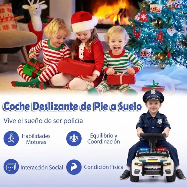 Andador de polícia deslizante para bebés com mais de 18 meses, com luzes, música e sirene, arrumação debaixo do assento, branco