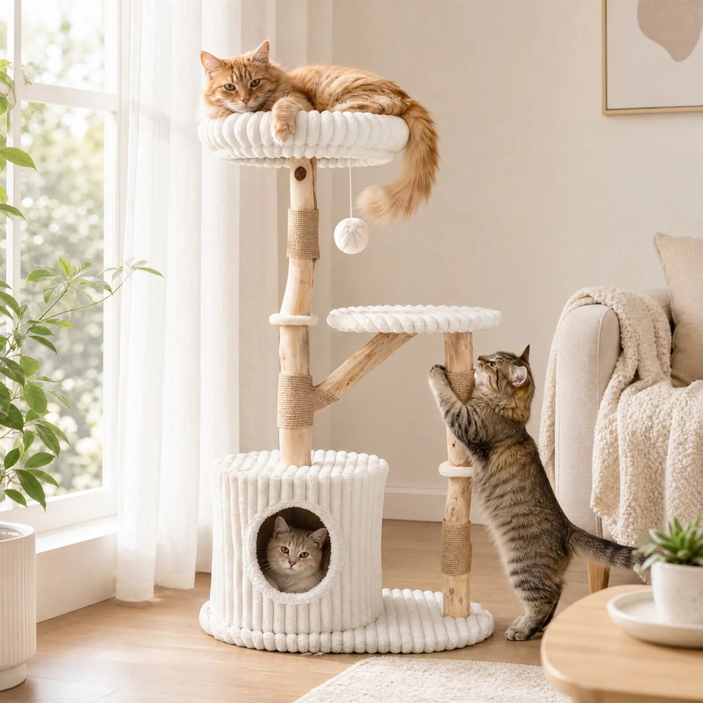 Arranhador para Gatos, 56 x 41 x 105 cm, Tronco de Madeira de Pereira, Bege