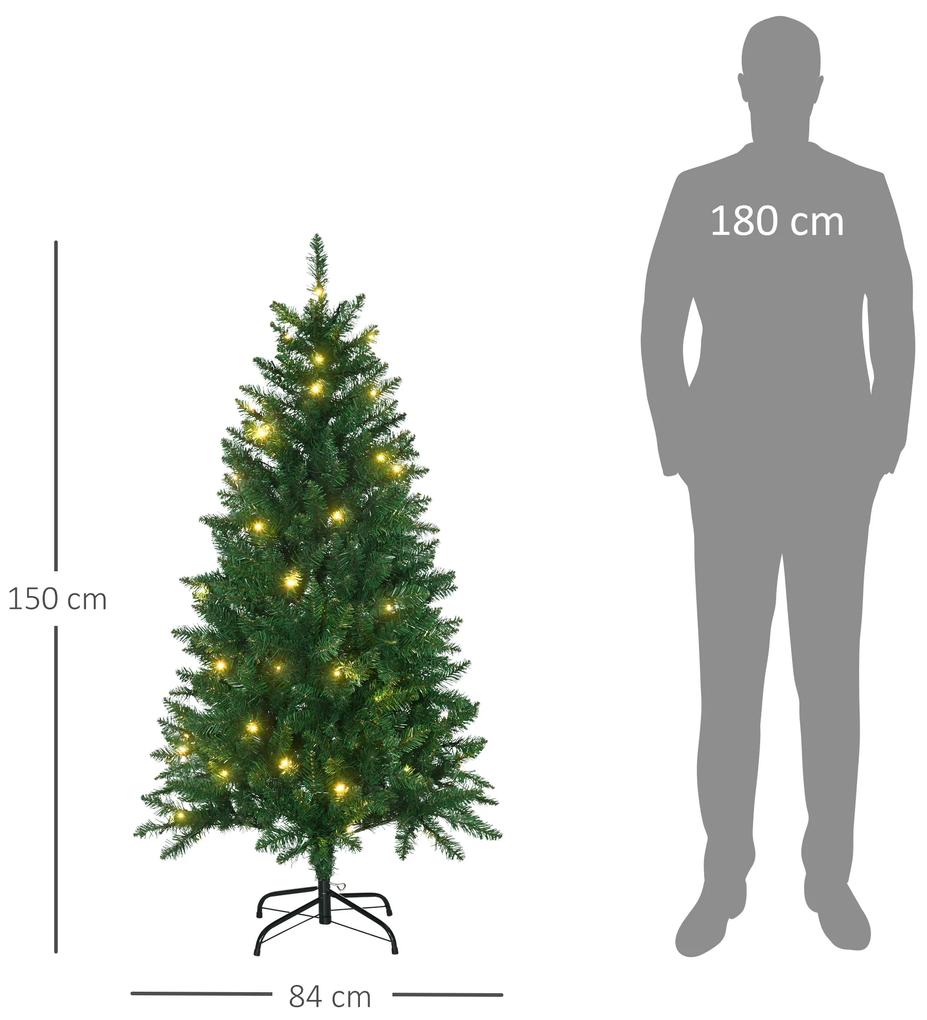 Árvore de Natal Artificial Altura 150cm Ignífugo com 502 Ramos 150 Luzes LED IPX2 8 Modos Folhas de PVC Base Dobrável e Suporte Metálico Decoração de