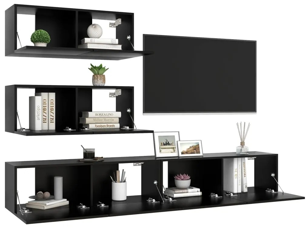 4 pcs conjunto de móveis de TV derivados de madeira preto
