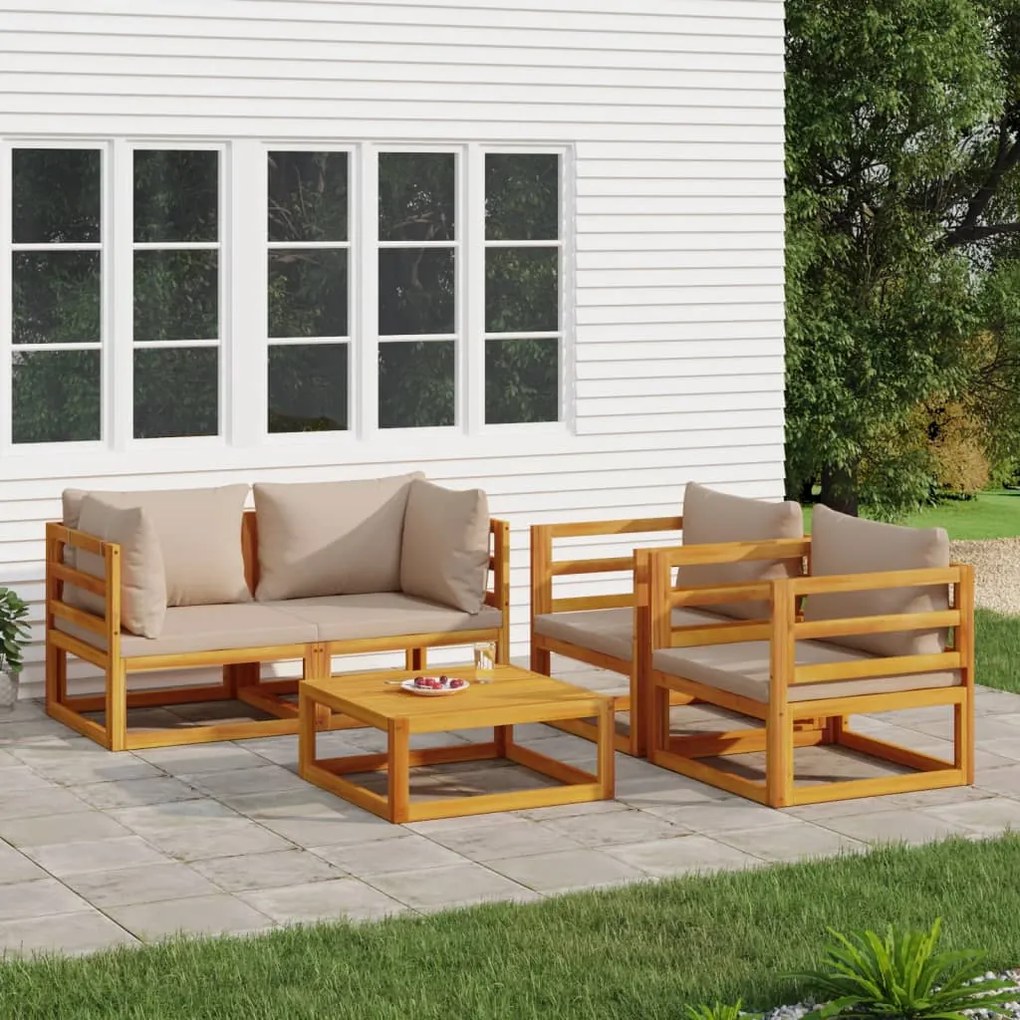 vidaXL 5pcs conj. lounge jardim madeira c/almofadões cinza-acastanhado