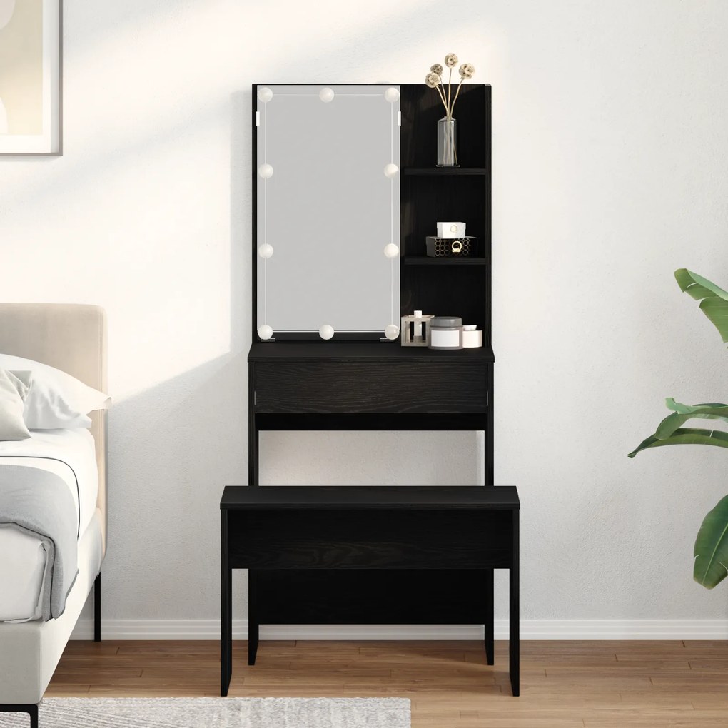 Conjunto de Mesa de Maquilhagem vidaXL com LED de Madeira de Engenharia Carvalho Preto