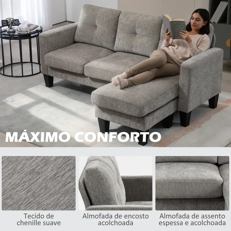 Sofá Chaise Longue Sofá em Forma de L Estofado em Poliéster Sofá de Canto Reversível 186x130x84 cm Castanho Acizentado
