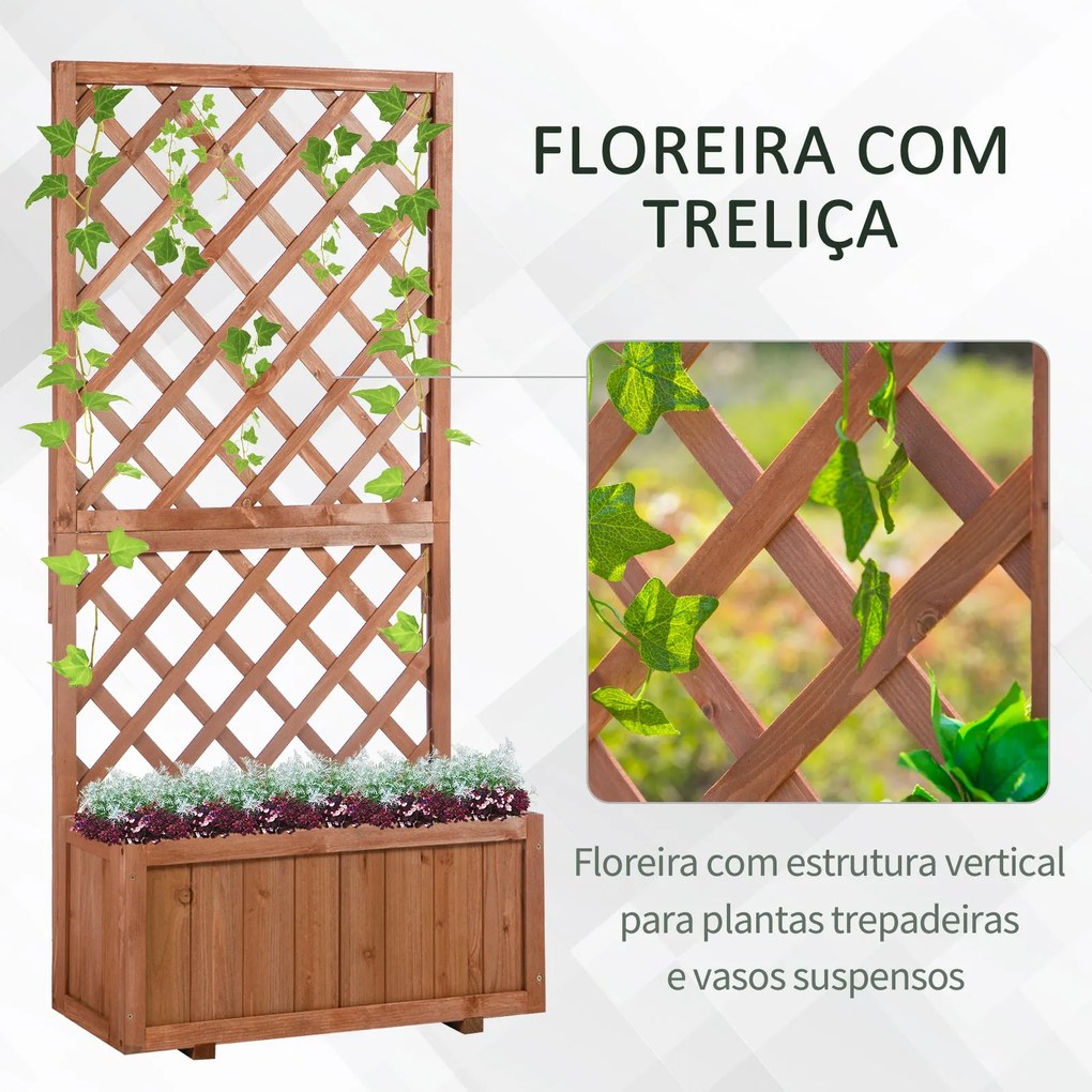 Outsunny Floreira com Treliça de Madeira Maciça Caixa de Plantio com S