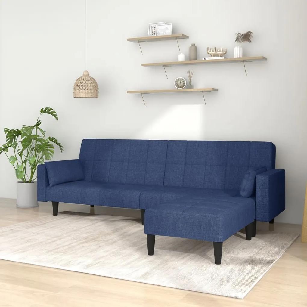 Sofá-cama 2 lug. c/ 2 almofadas e apoio de pés tecido azul