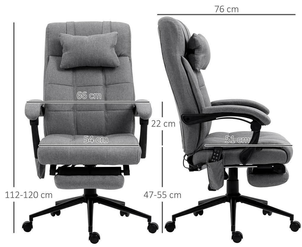 Cadeira de Escritório com 6 Pontos de Massagem 5 Modos Reclinável 155° com Função de Aquecimento 66x76x112-120 cm Cinza