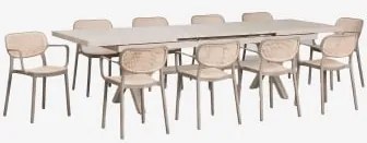 Conjunto De Mesa Retangular Extensível Karena 240-300x100 Cm E 10 Cadeiras De Jardim Empilháveis Com Apoios De Braços Omara Moka Brown - Sklum